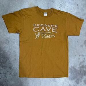 Vintage 90s Mens Large Single Stitch Beer Tee Tan Short Sleeve Anvil USA Made